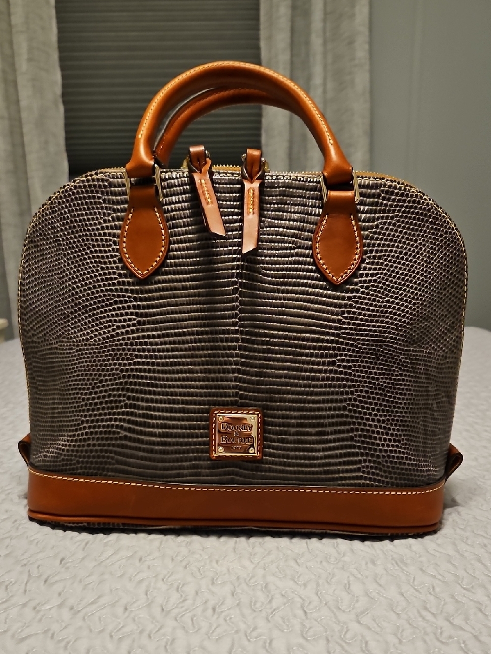 Dooney & Bourke Gray Lizard-Embossed Dome Satchel with Tan Trim New With Tags